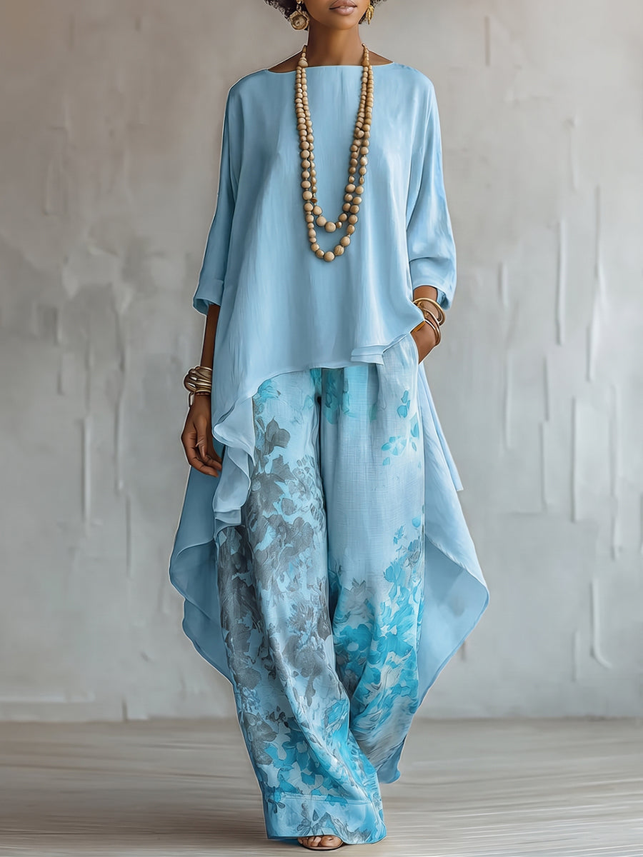 Isabella | Asymmetrical Top & Floral Wide-Leg Pants Set