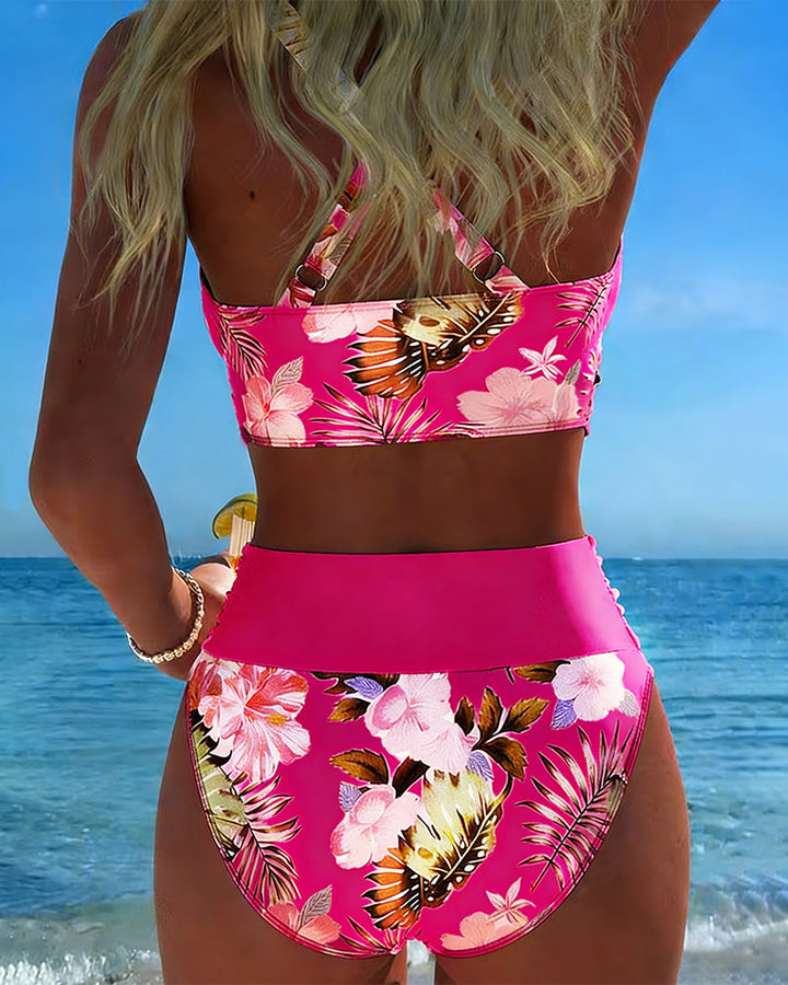 Bikini Contrast Floral Pattern Split
