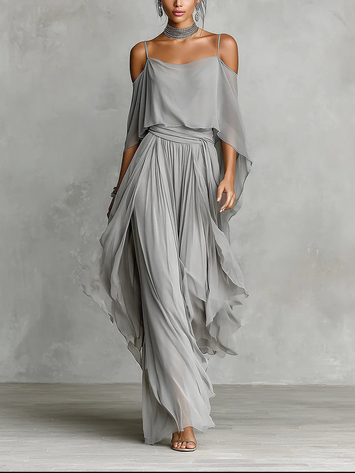 Grey off-shoulder flowy camisole and trousers set
