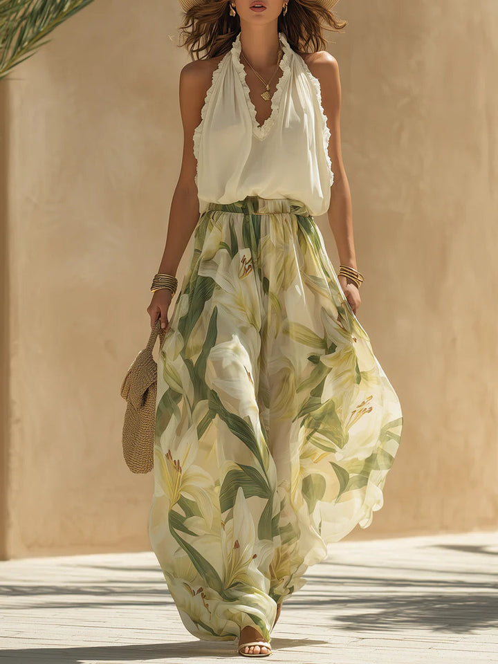 Vacation Sleeveless Top And Lily Print Pants Set