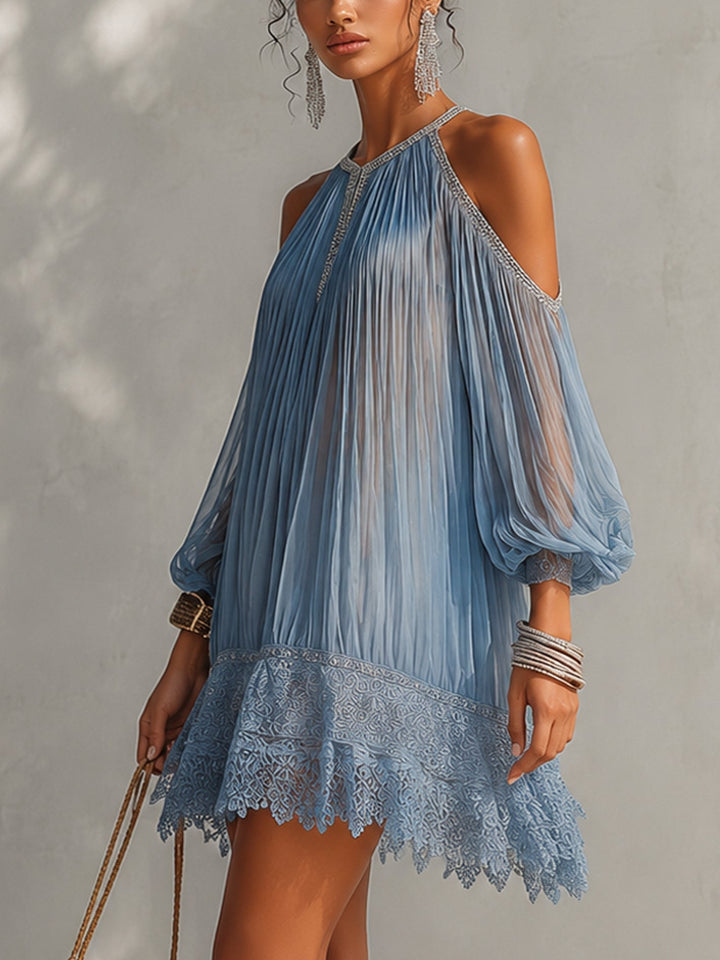 Blue Ruffled Mini Dress with Off-Shoulder Sleeves and Lace