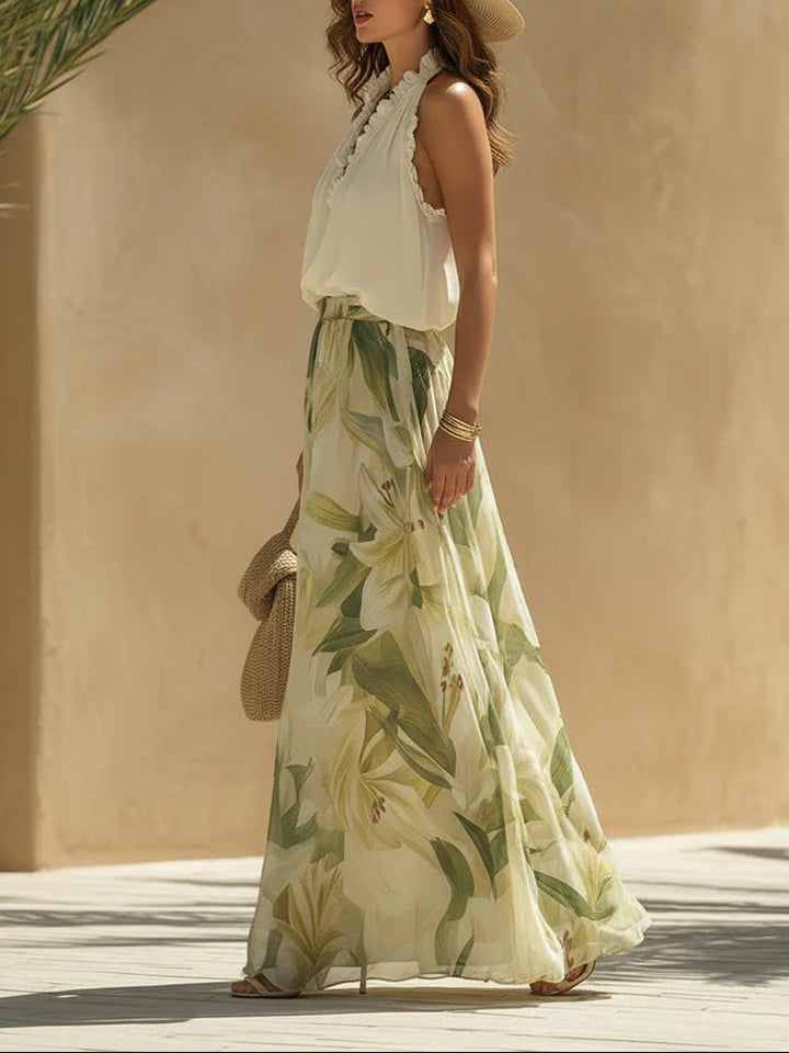 Vacation Sleeveless Top And Lily Print Pants Set
