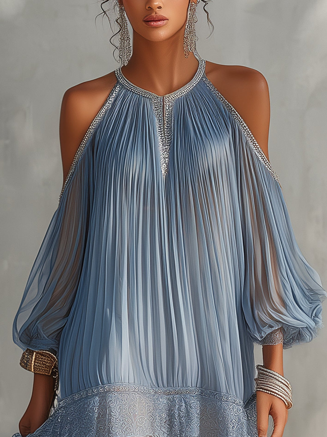 Blue Ruffled Mini Dress with Off-Shoulder Sleeves and Lace