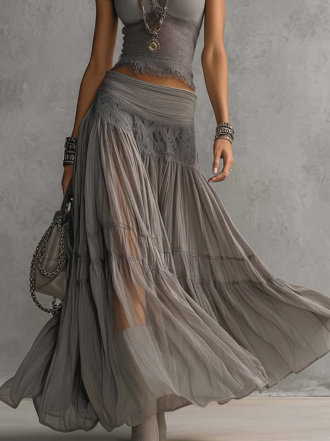 Simone | Sheer Lace-Panel Top & Maxi Skirt Set