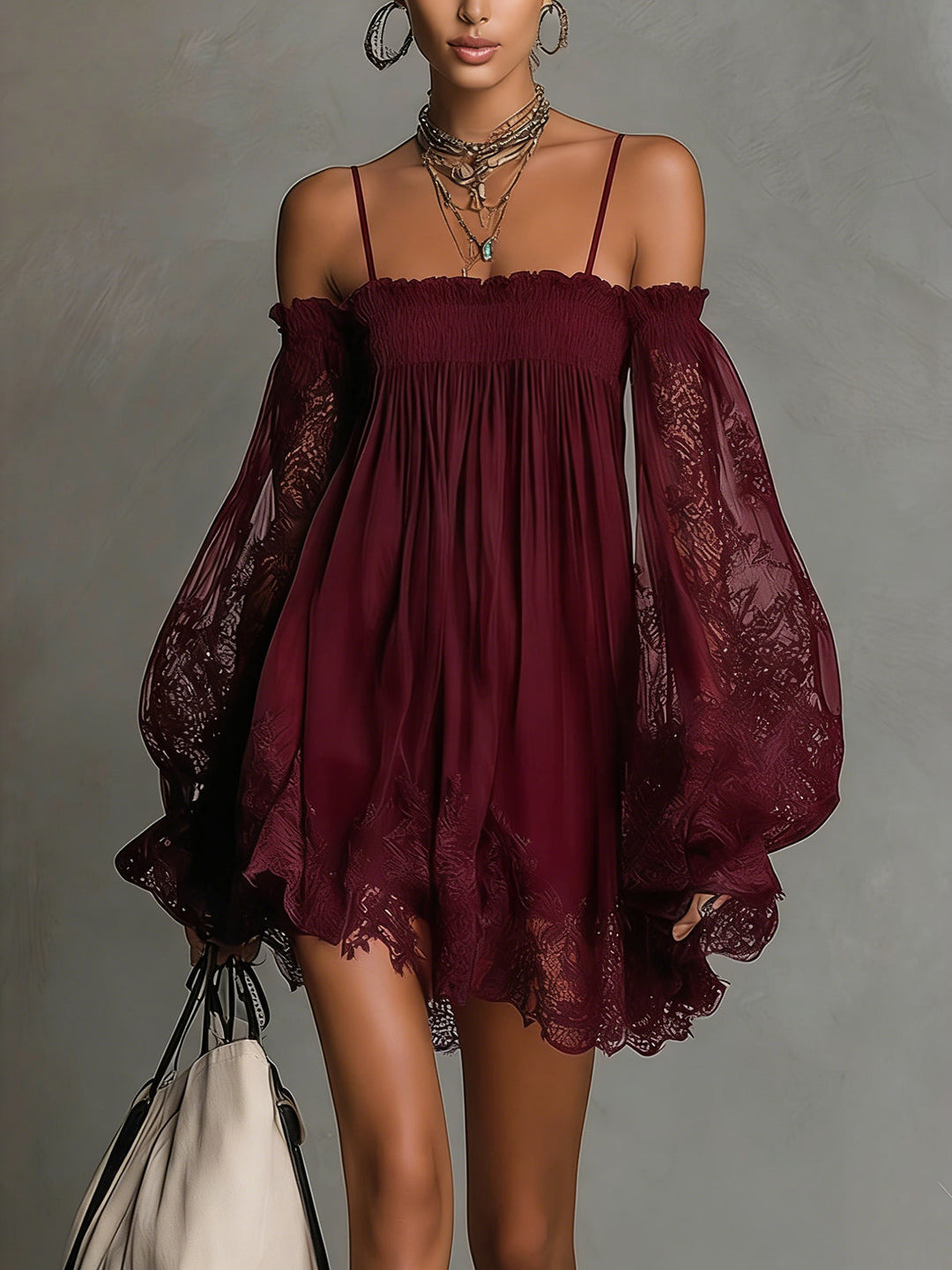 Noemi | Mini dress in navy blue with open neckline, lace details, and sheer sleeves