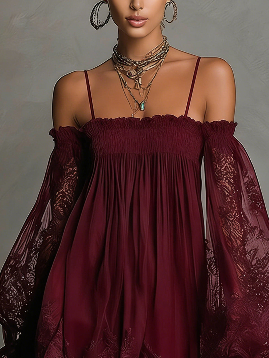 Noemi | Mini dress in navy blue with open neckline, lace details, and sheer sleeves