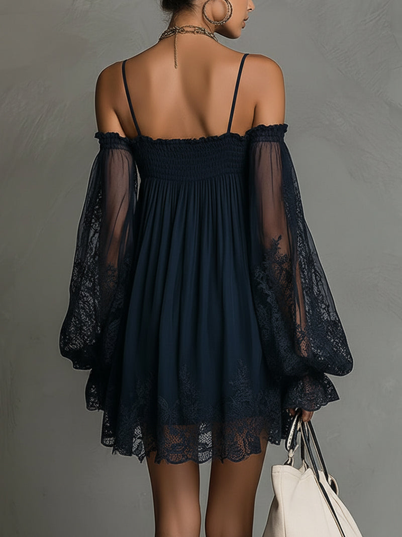 Noemi | Mini dress in navy blue with open neckline, lace details, and sheer sleeves