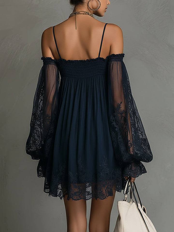 Noemi | Mini dress in navy blue with open neckline, lace details, and sheer sleeves