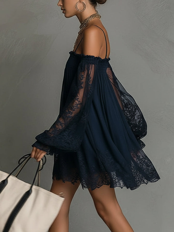 Noemi | Mini dress in navy blue with open neckline, lace details, and sheer sleeves