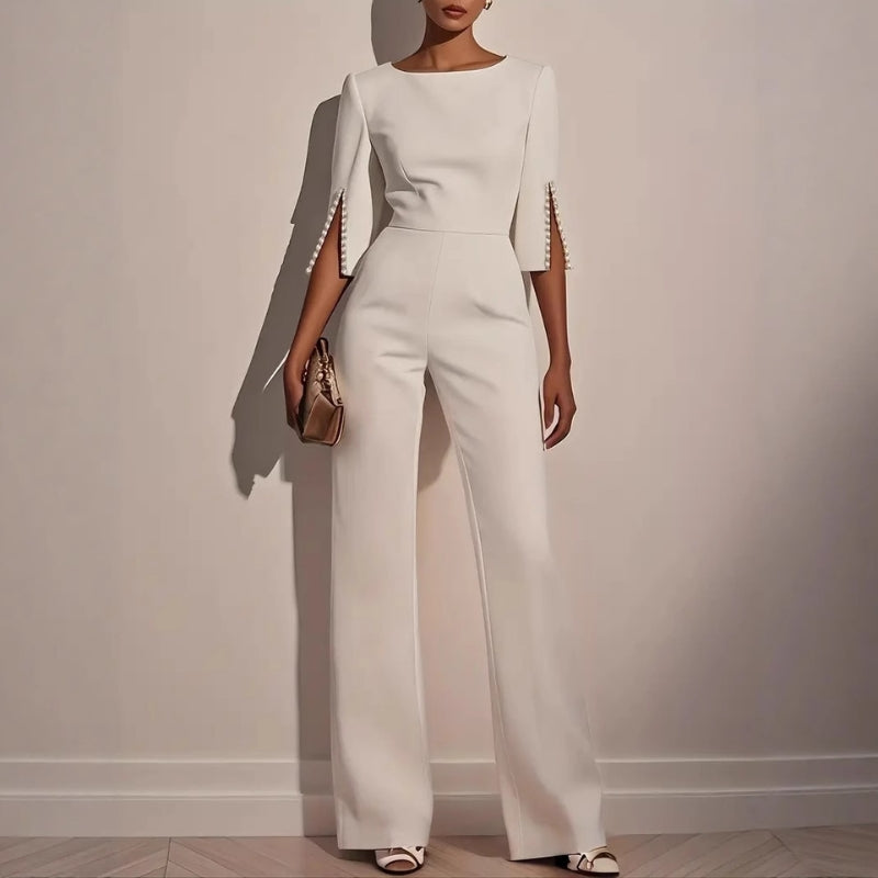 Andrea | Women’s Elegant Wide-Leg Jumpsuit with Pearl Trim