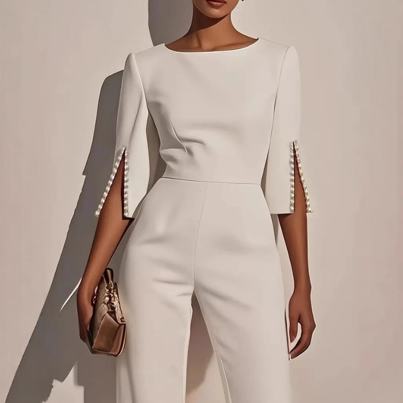 Andrea | Women’s Elegant Wide-Leg Jumpsuit with Pearl Trim