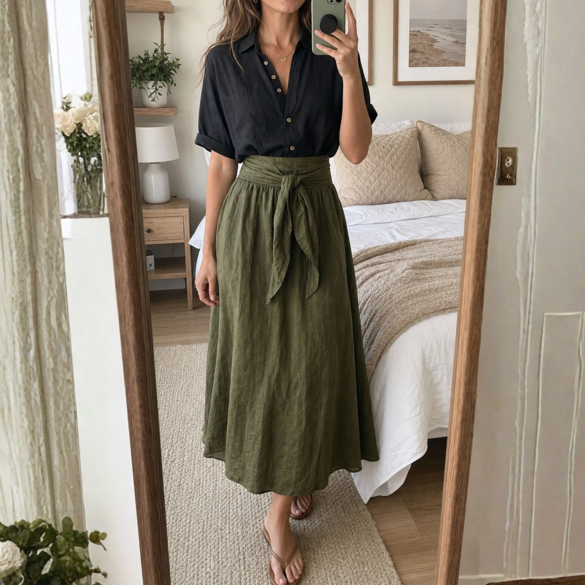 Ashley Set — Shirt & Olive Midi Skirt