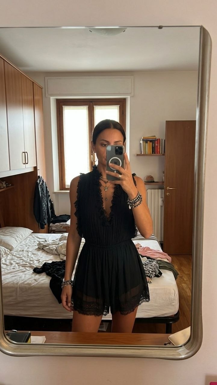 Black Pleated Jumpsuit with Ruffled Trim