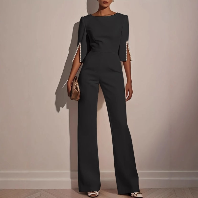 Andrea | Women’s Elegant Wide-Leg Jumpsuit with Pearl Trim