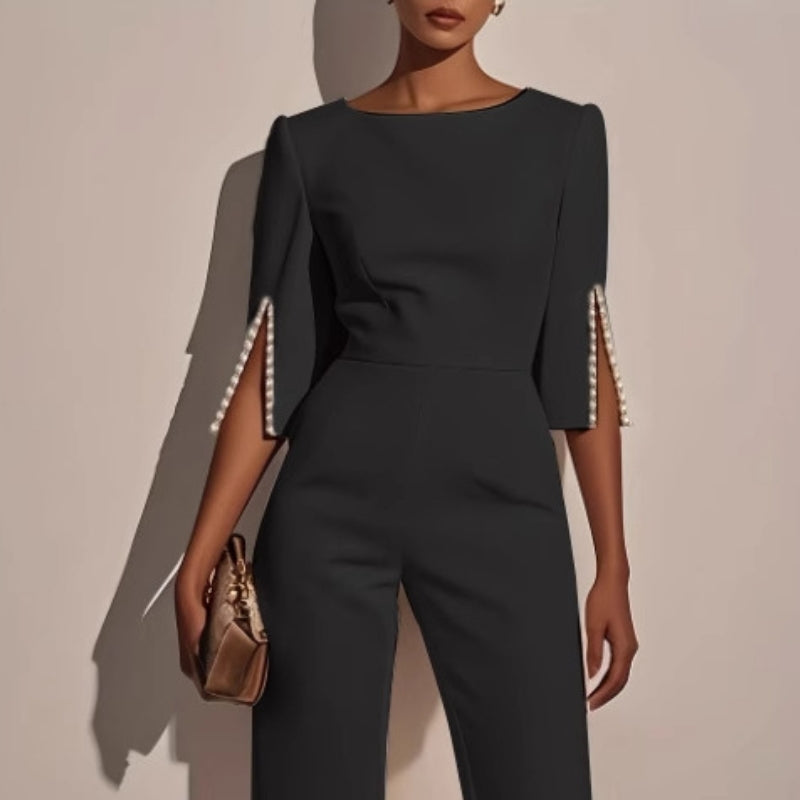 Andrea | Women’s Elegant Wide-Leg Jumpsuit with Pearl Trim