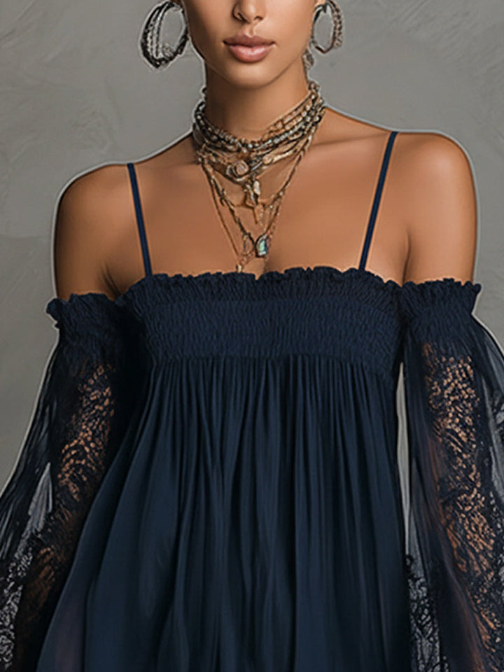 Noemi | Mini dress in navy blue with open neckline, lace details, and sheer sleeves
