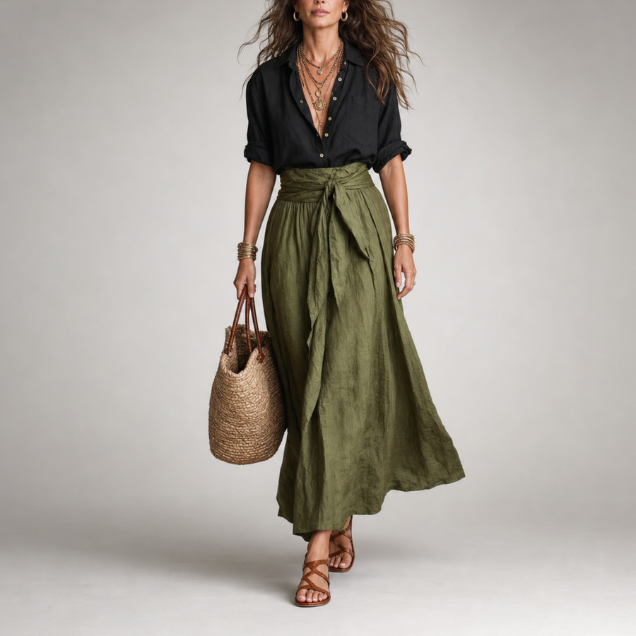 Ashley Set — Shirt & Olive Midi Skirt