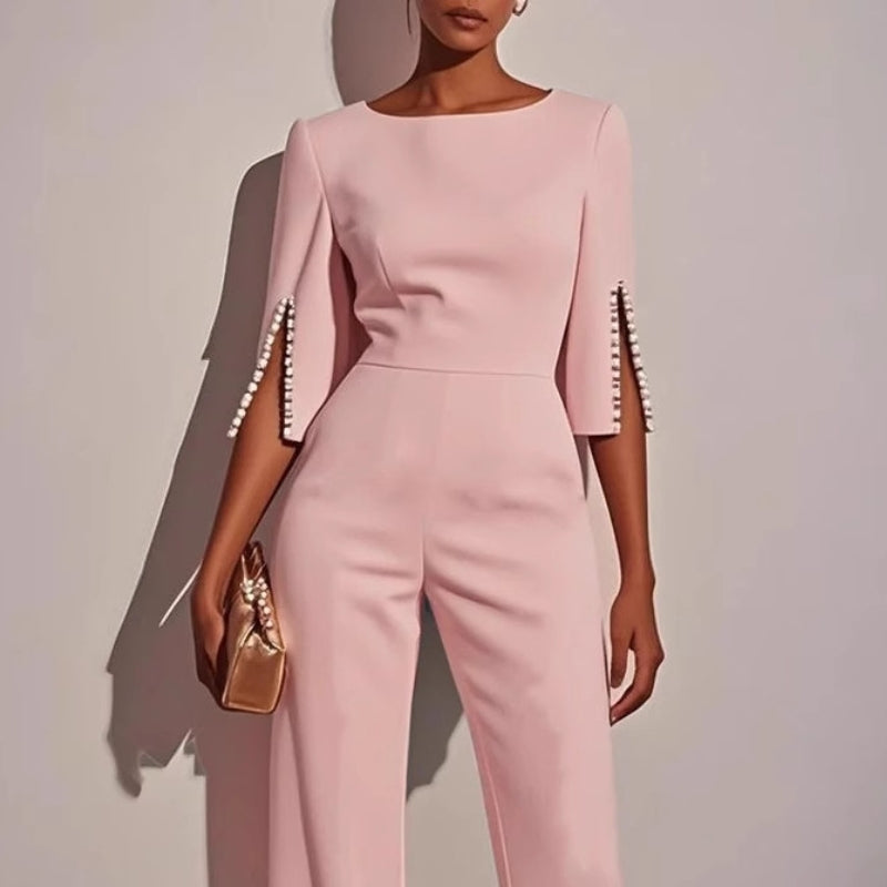 Andrea | Women’s Elegant Wide-Leg Jumpsuit with Pearl Trim