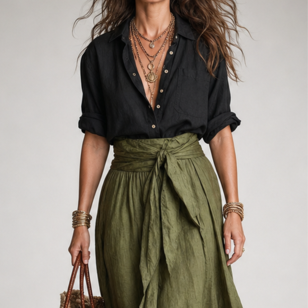 Ashley Set — Shirt & Olive Midi Skirt