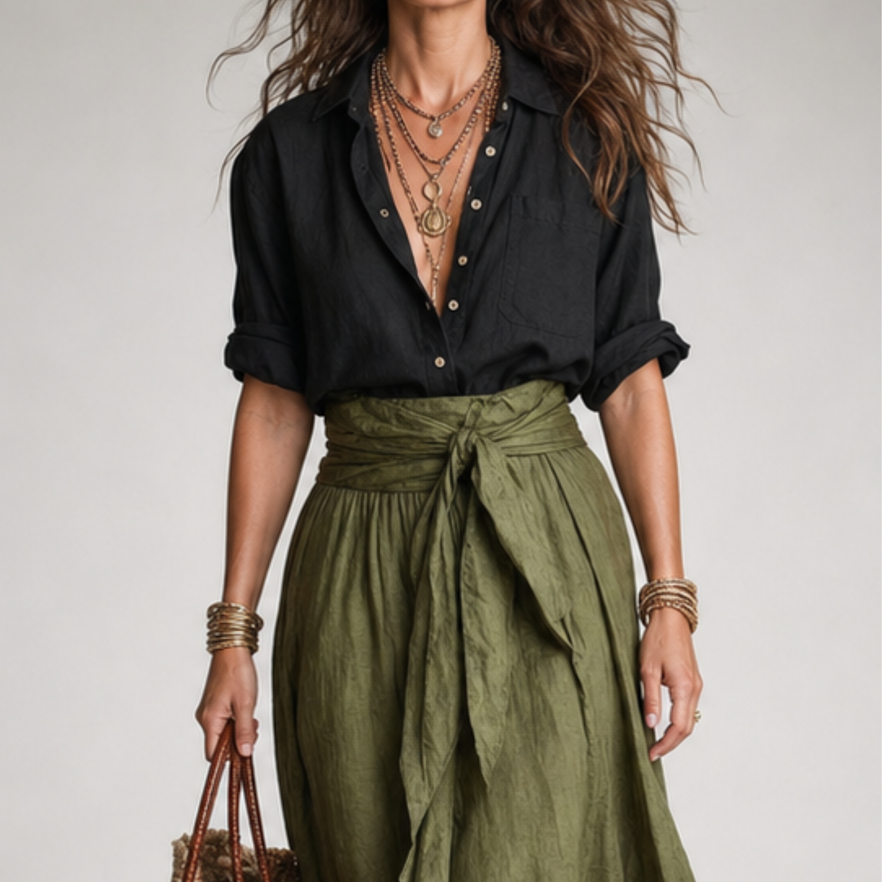 Ashley Set — Shirt & Olive Midi Skirt
