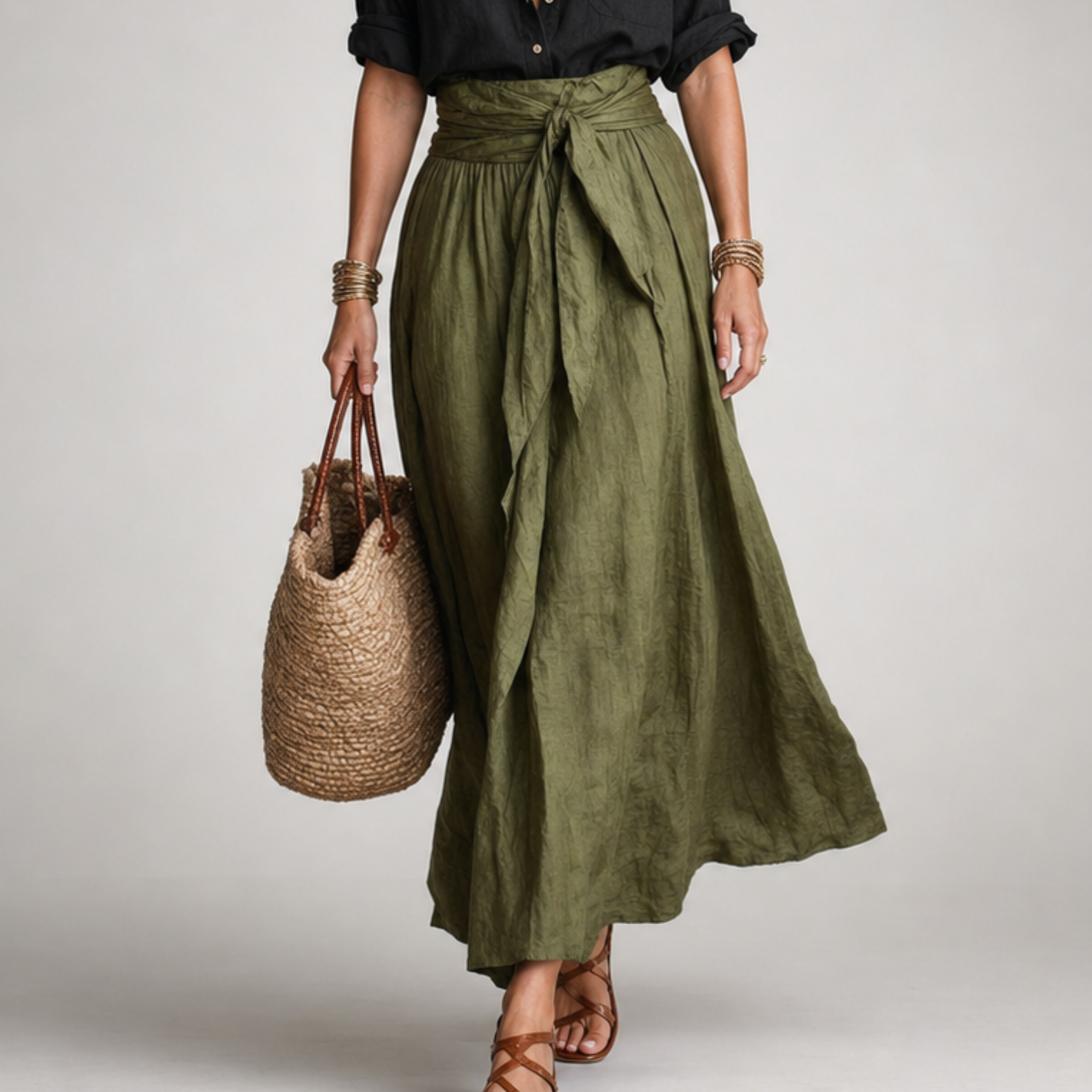 Ashley Set — Shirt & Olive Midi Skirt