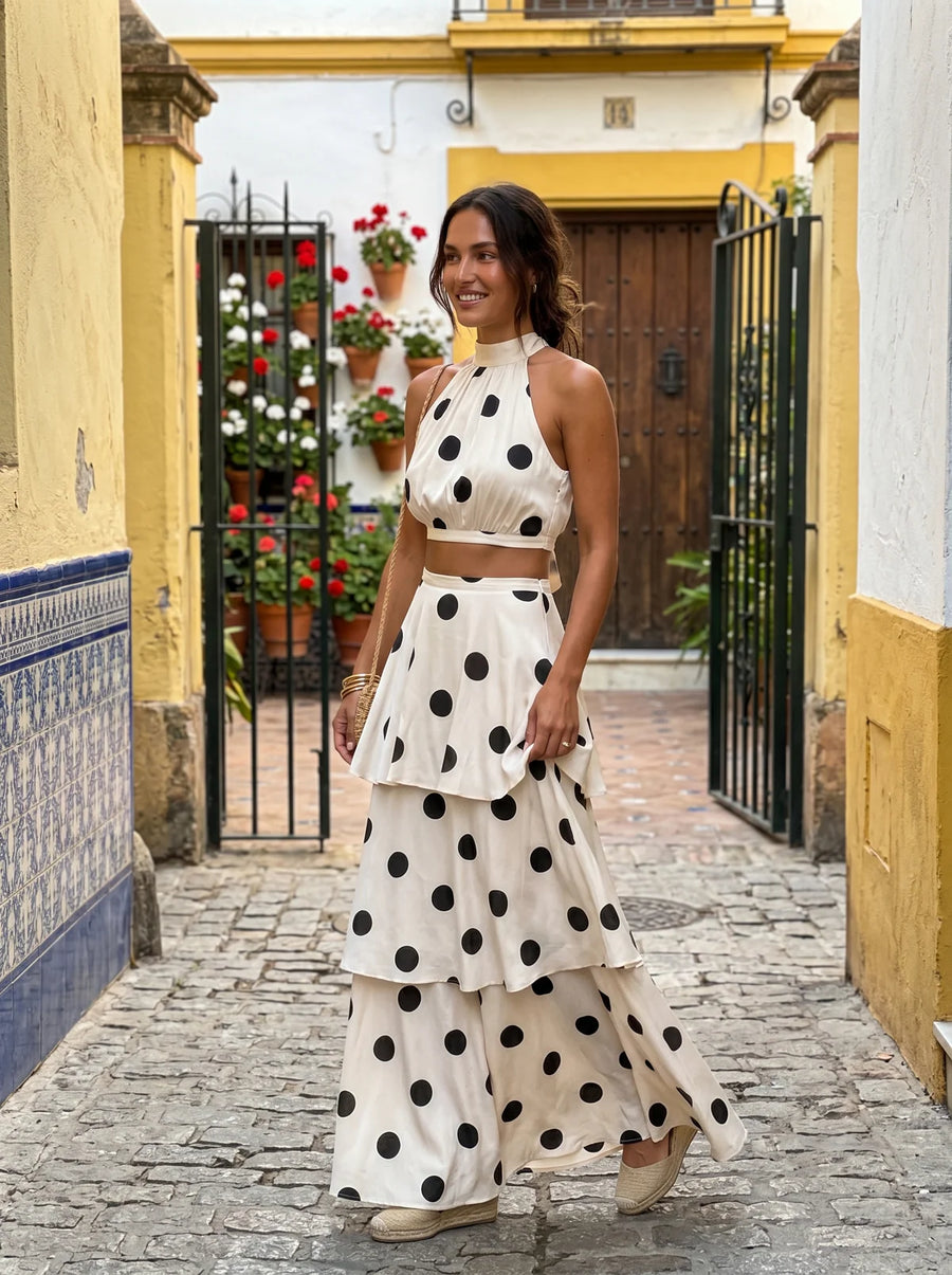 Luna | Polka-dot top and long skirt set