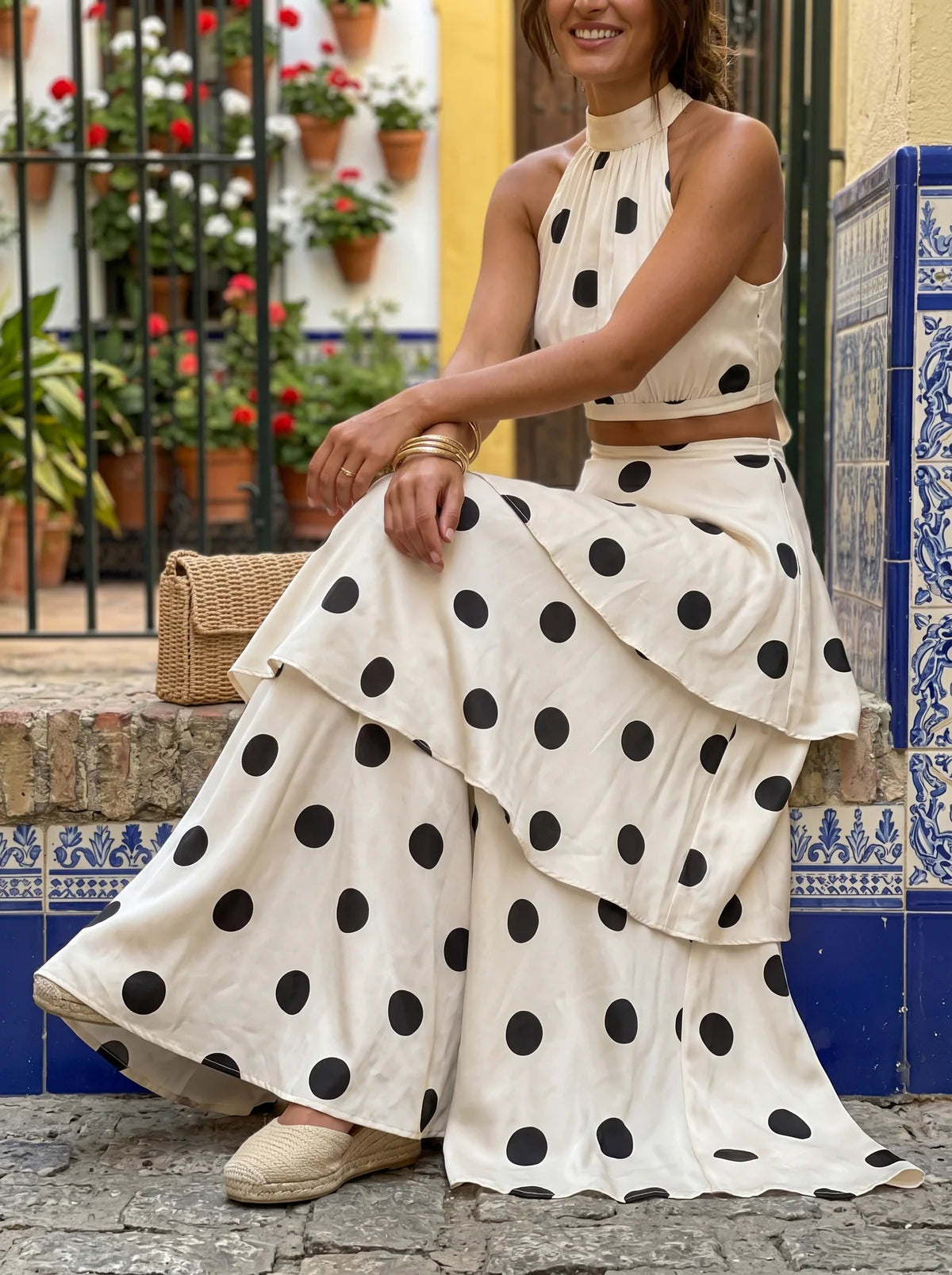 Luna | Polka-dot top and long skirt set
