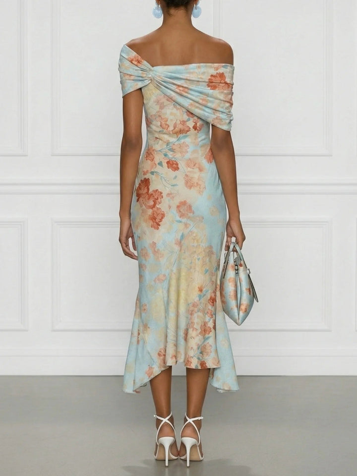 Vittoria - Midi Mermaid Sleeveless Dress with Off-Shoulder and Blue Flowers