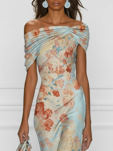 Vittoria - Midi Mermaid Sleeveless Dress with Off-Shoulder and Blue Flowers