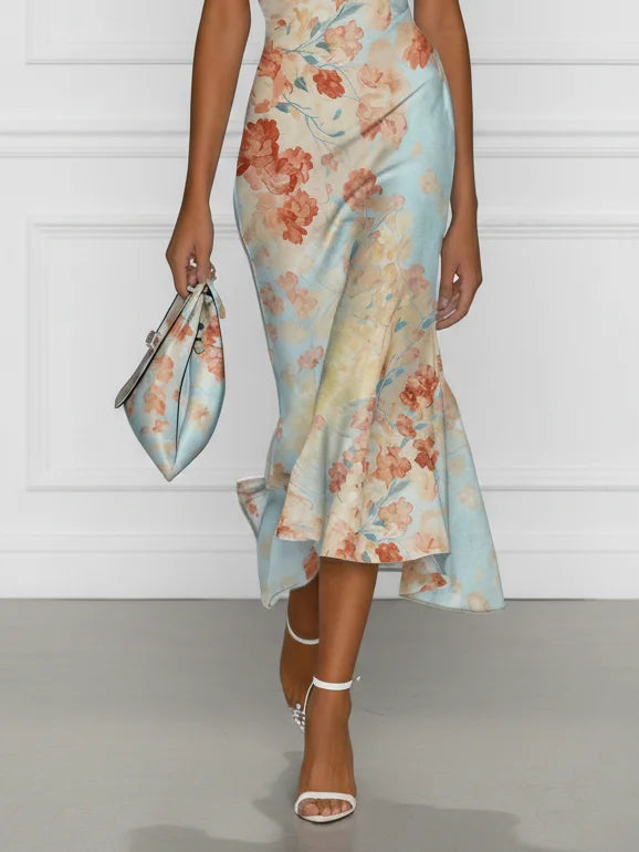 Vittoria - Midi Mermaid Sleeveless Dress with Off-Shoulder and Blue Flowers