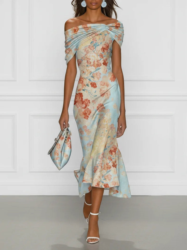Vittoria - Midi Mermaid Sleeveless Dress with Off-Shoulder and Blue Flowers
