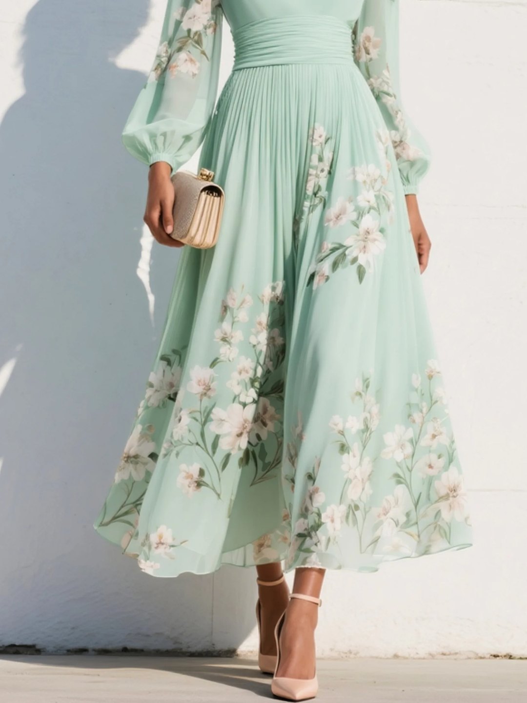Maxi Pleated Satin Dress in Mint Green with Floral Design for Women