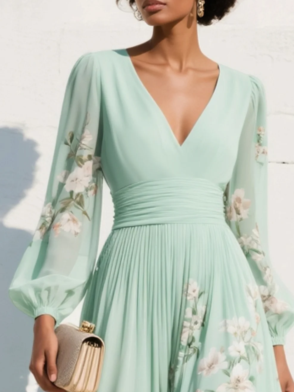 Maxi Pleated Satin Dress in Mint Green with Floral Design for Women