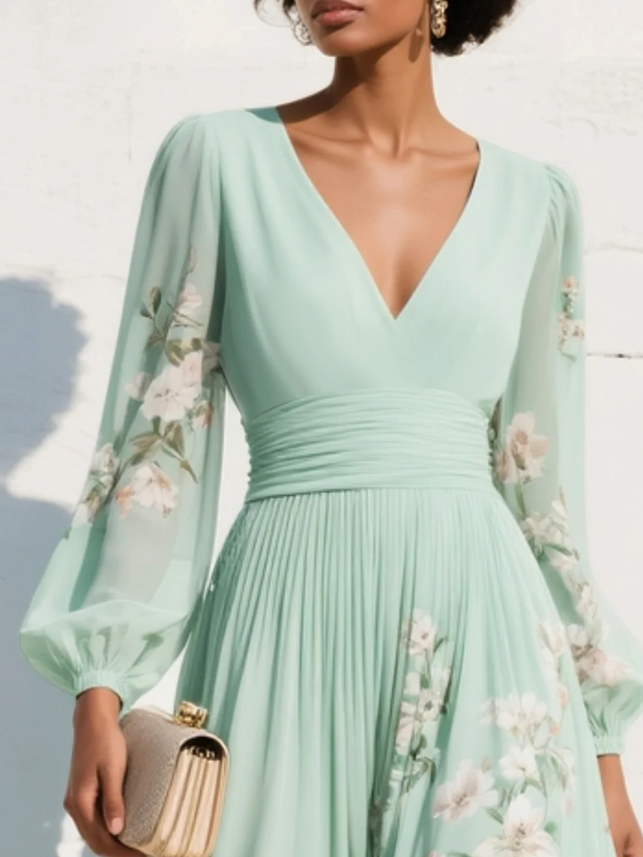 Maxi Pleated Satin Dress in Mint Green with Floral Design for Women