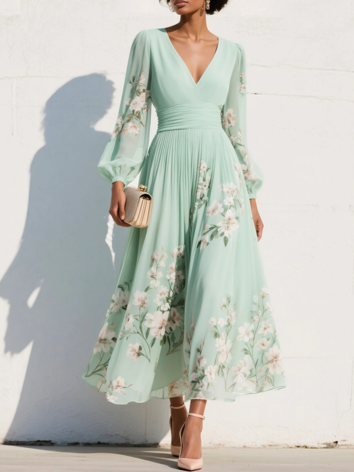 Maxi Pleated Satin Dress in Mint Green with Floral Design for Women