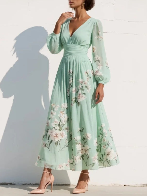 Maxi Pleated Dress in Mint Green with Floral Print for Women