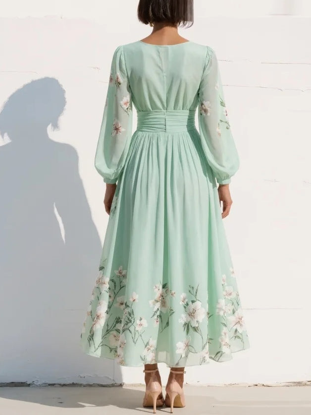 Maxi Pleated Satin Dress in Mint Green with Floral Design for Women