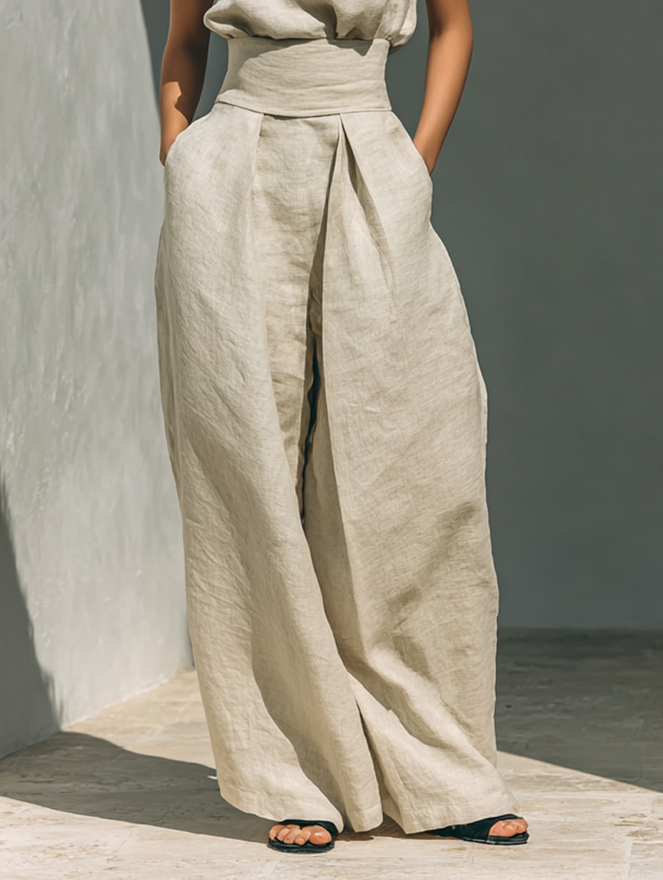 Dawn | Relaxed Beige Sleeveless Set with Wide Pants