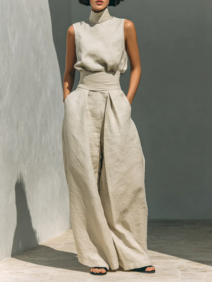 Dawn | Relaxed Beige Sleeveless Set with Wide Pants