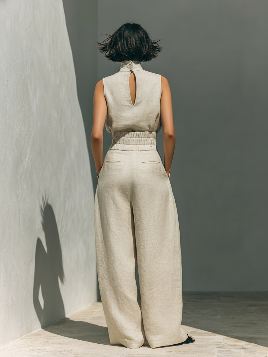Dawn | Relaxed Beige Sleeveless Set with Wide Pants