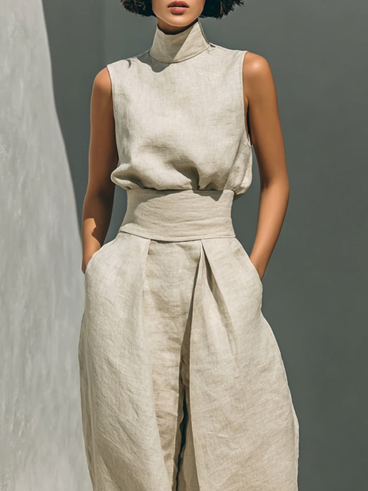 Dawn | Relaxed Beige Sleeveless Set with Wide Pants