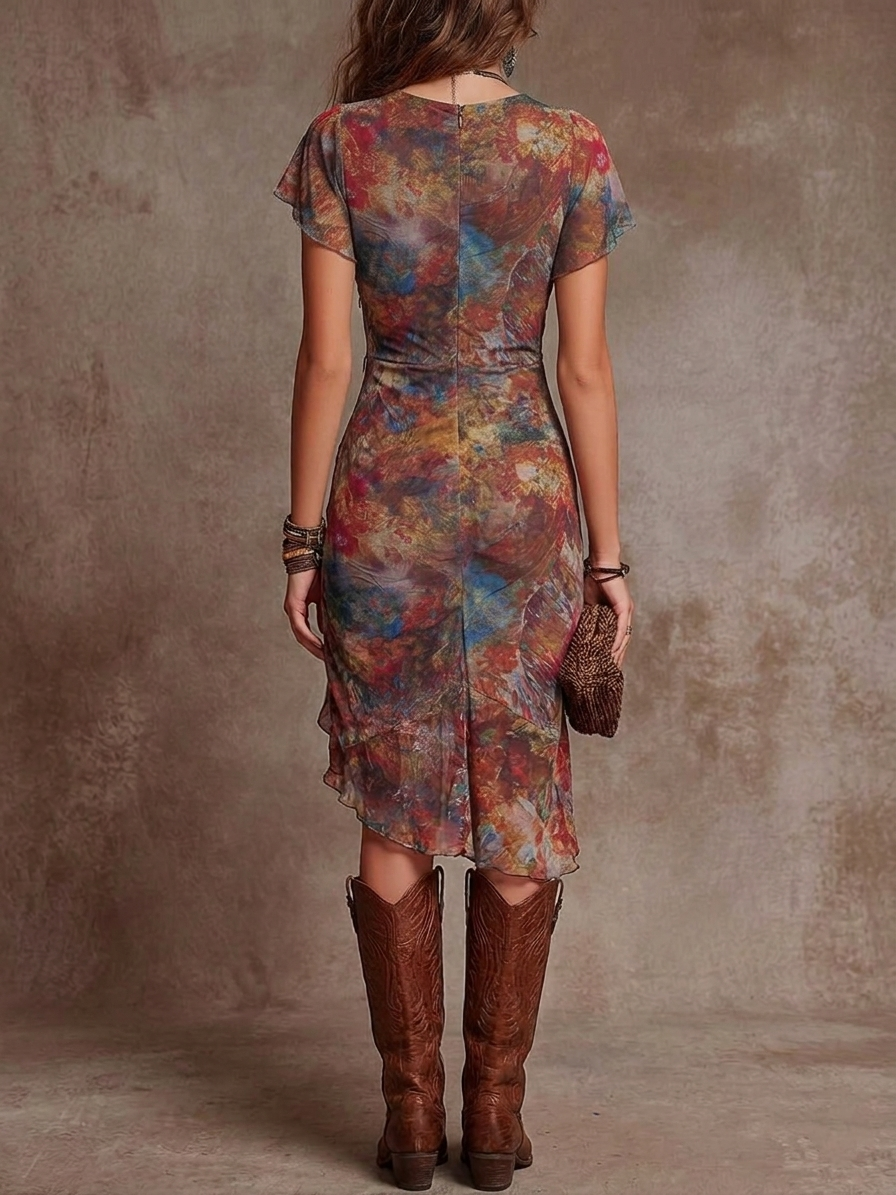 Martina - Midi Pleated Dress with V-Neck, Abstract Artistic Design in Bohemian Style