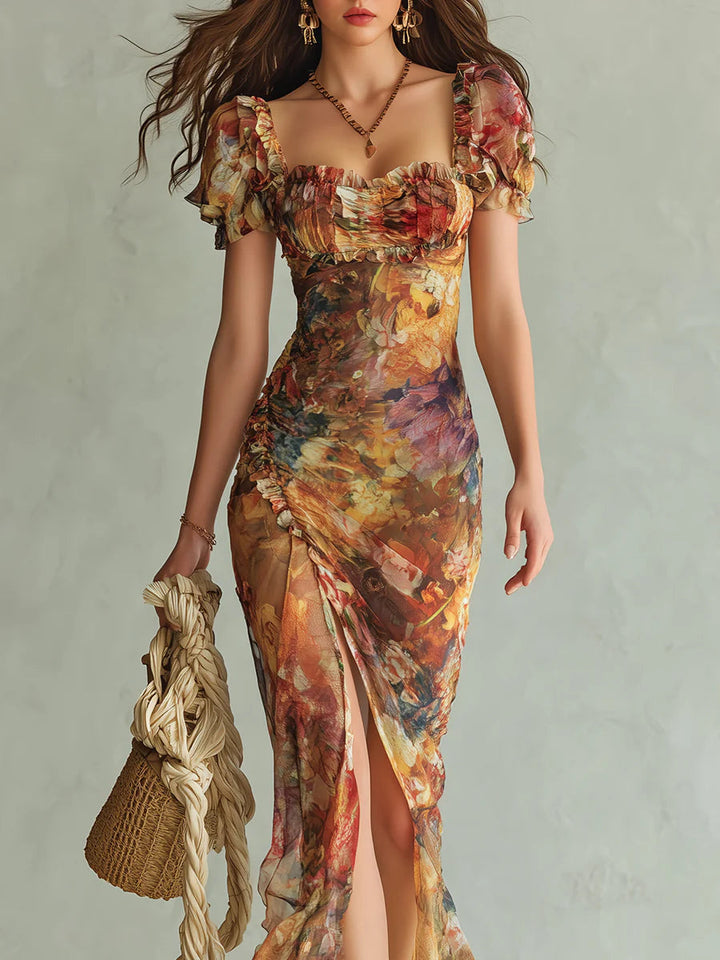 Violeta | Long orange dress with oil painting print in bohemian style