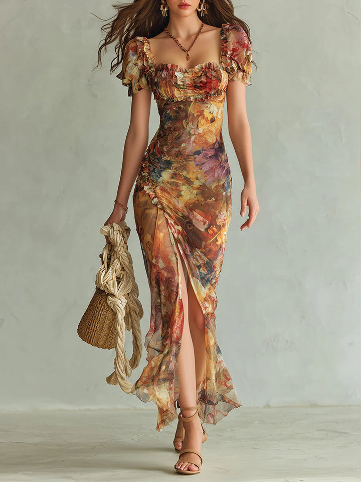 Orange Bohemian Holiday Oil Painting Print Maxi Dress