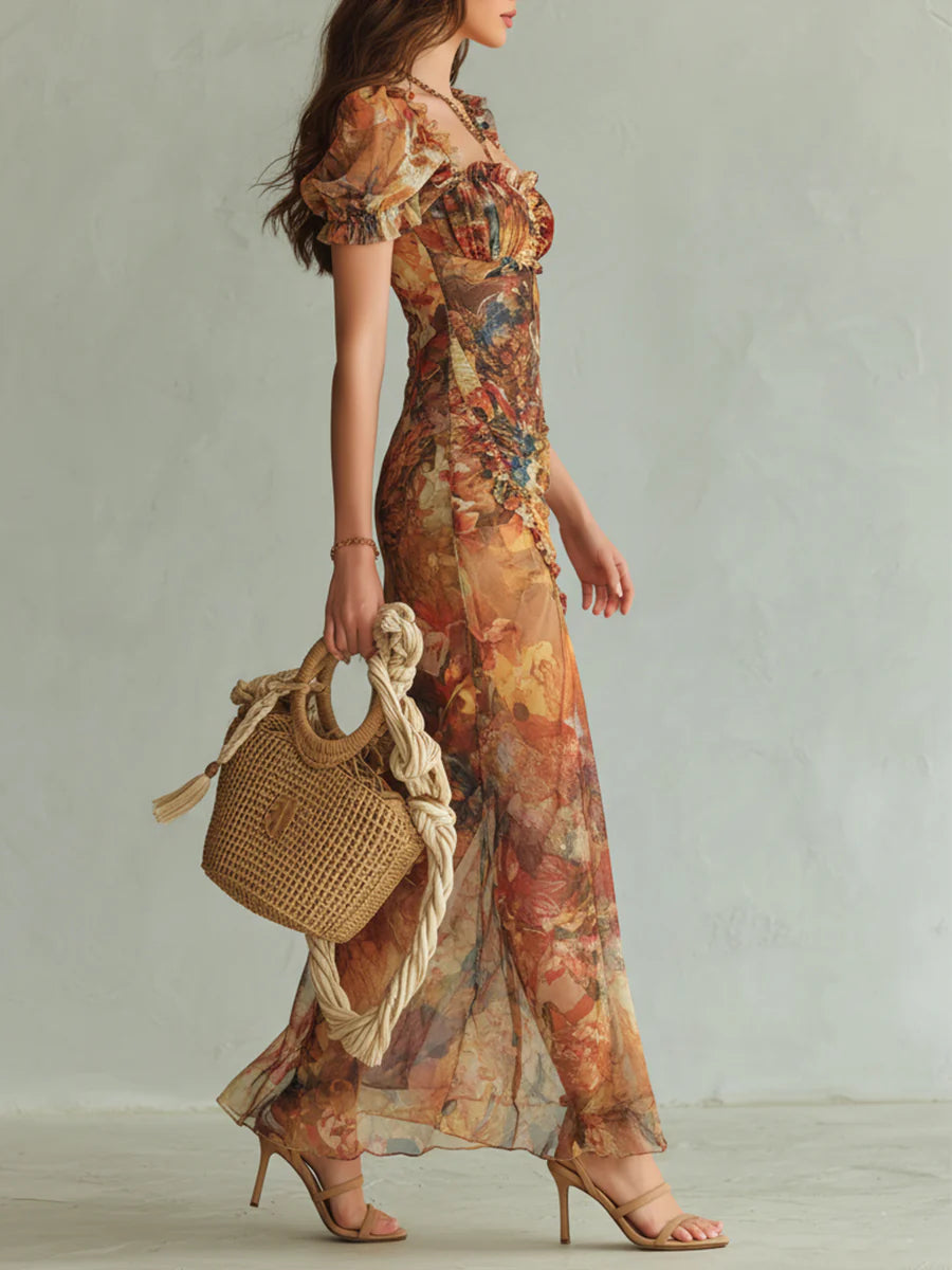 Orange Bohemian Holiday Oil Painting Print Maxi Dress