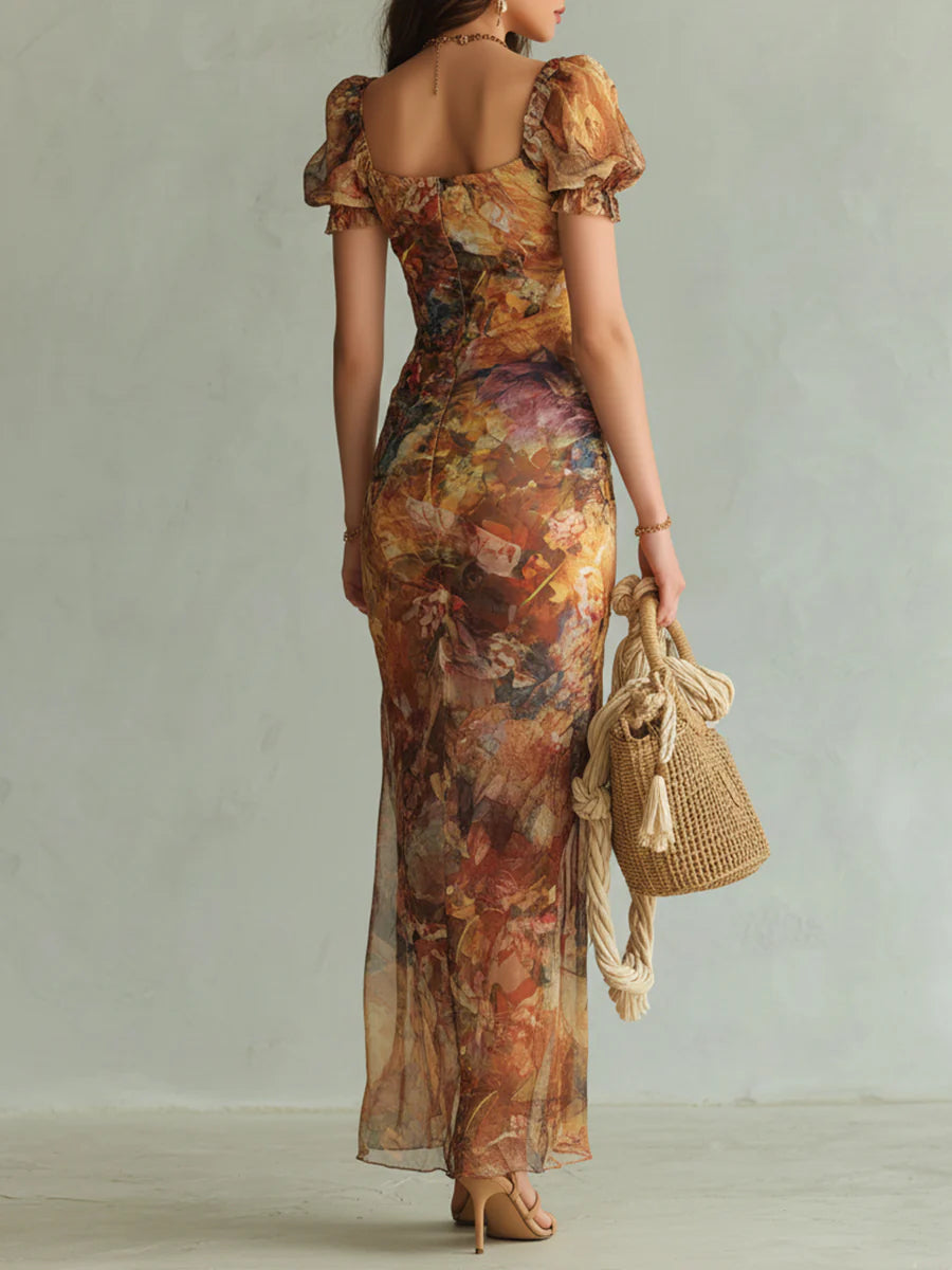 Violeta | Long orange dress with oil painting print in bohemian style