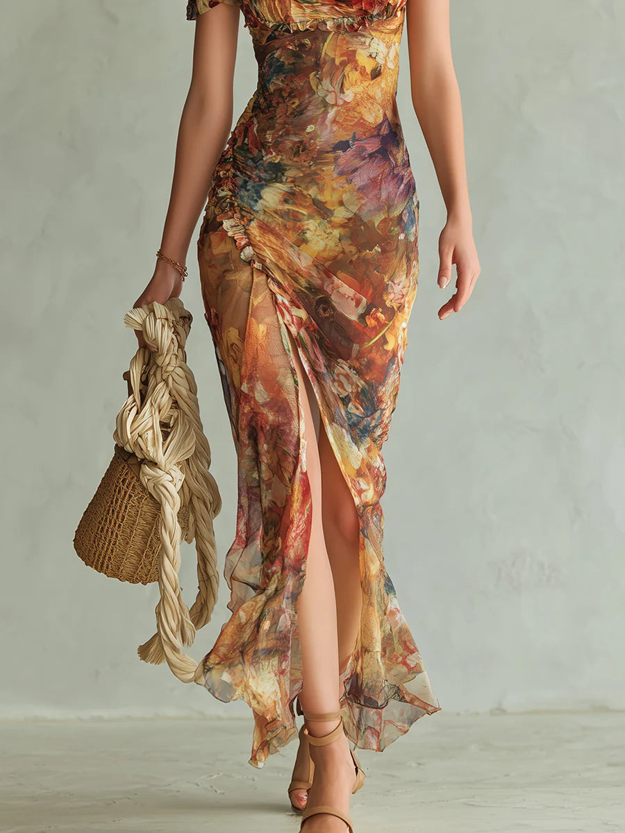 Violeta | Long orange dress with oil painting print in bohemian style