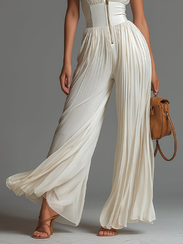 White V-neck Sleeveless Zip-up Wide-leg Jumpsuit