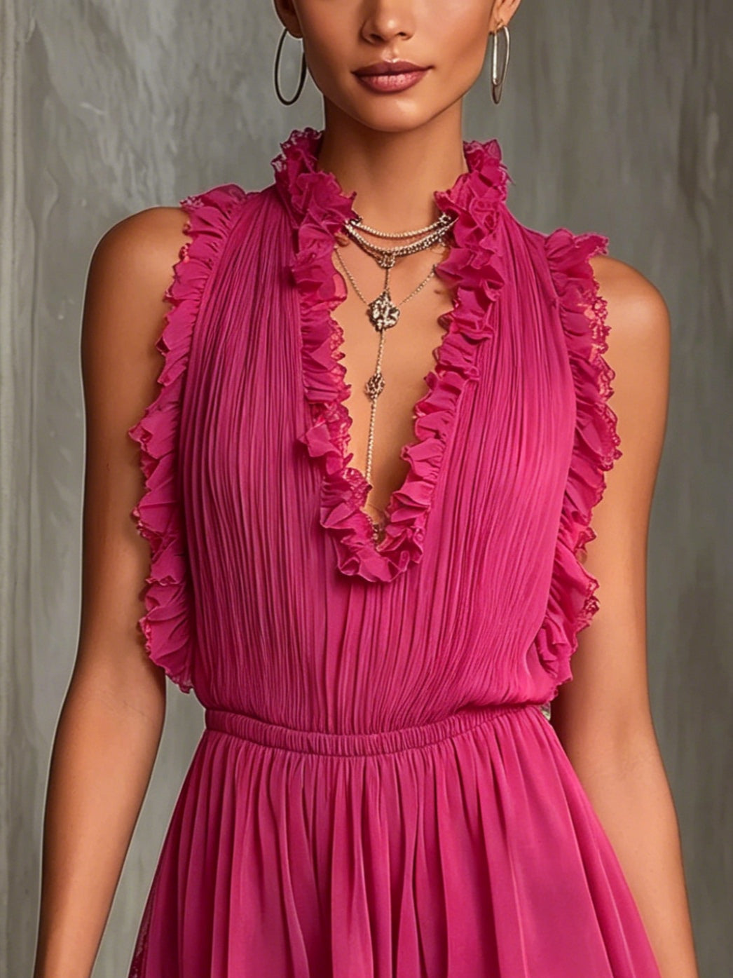 Pleated Jumpsuit with Lace and Ruffles in Fuchsia