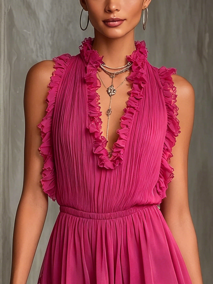 Pleated Jumpsuit with Lace and Ruffles in Fuchsia